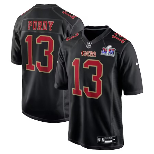 Men's San Francisco 49ers #13 Brock Purdy Black Super Bowl LVIII Patch Carbon Fashion Stitched Game Jersey